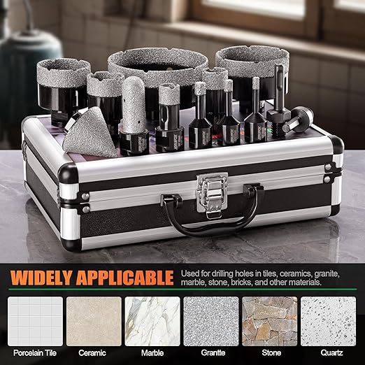 Diamond Hole Saw Kit Tile Drill Bits, 13 PCS Diamond Core Drill Bits Set 6/8/10/19/25/35/51/75/100mm+50mm Chamfer Saw +20mm Finger Bit+SDS Adapter Porcelain Hollow Drill Hole Saw for Ceramic, Granite