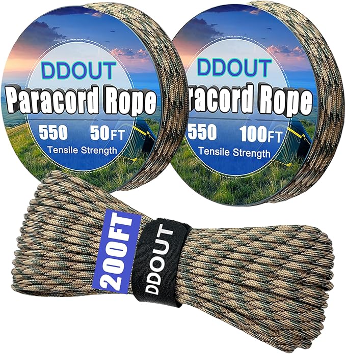 Paracord Nylon Rope Camo 100ft with 7-Strand Core, 10 Colors and 50/100/200 ft, Type III Parachute Cord 4mm for Camping, Survival, Hiking, DIY, Crafting, Outdoor Utility Rope