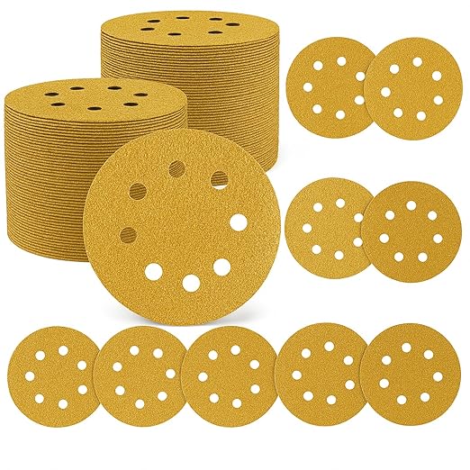 Maxdot 200 Pcs 5 Inch Sanding Discs 8-Hole Hook and Loop Gold Sandpaper, 80-Grit for Random Orbit Sander