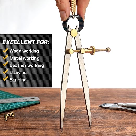 2 PCS Adjustable Lockable Spring Wing Divider Calipers, 6 Inch and 8 Inch Steel Leather Compass Creaser, Drafting Compass Tool for Woodworking, Metalworking, Geometry Drawing