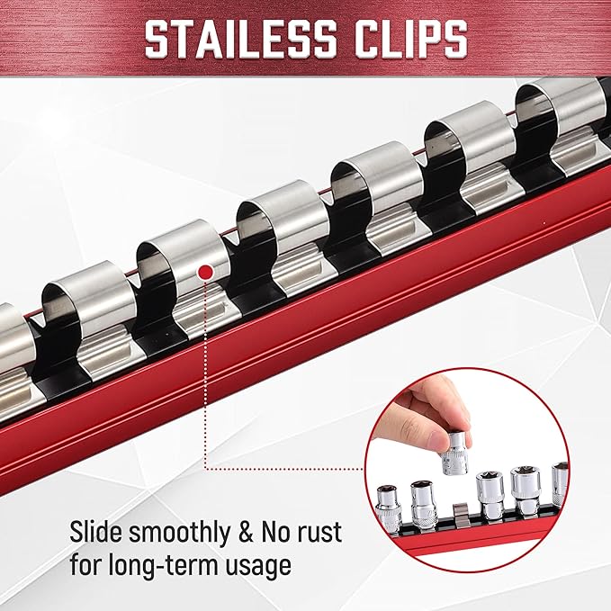 ALOANES 3-Piece Magnetic Socket Organizer, Heavy Duty Aluminum Socket Rails Organizer with 33 Stainless Clips (1/2-Inch) - Red
