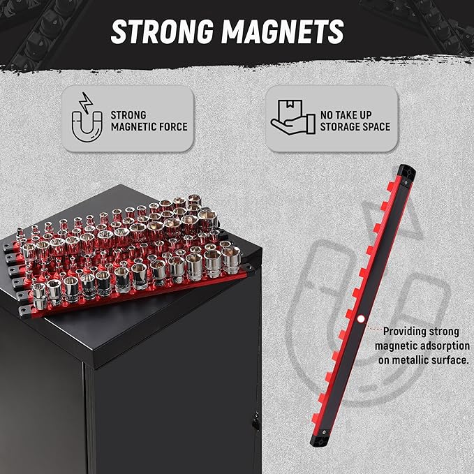 ALOANES Magnetic Socket Organizer Set, 6-Piece Heavy Duty Aluminum Socket Holder Socket Rail Organizer for Tool Box, 360° Swivel Clips Socket Rack 1/4, 3/8, 1/2-Inch x 80 Clips (RED)