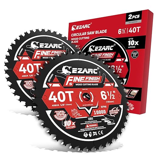 EZARC 6-1/2 Inch Circular Saw Blades 40T - FINE Finish Wood Cutting Blade, Ultra-Thin 1.5mm Kerf, Non-Stick Coating, 2 Pack