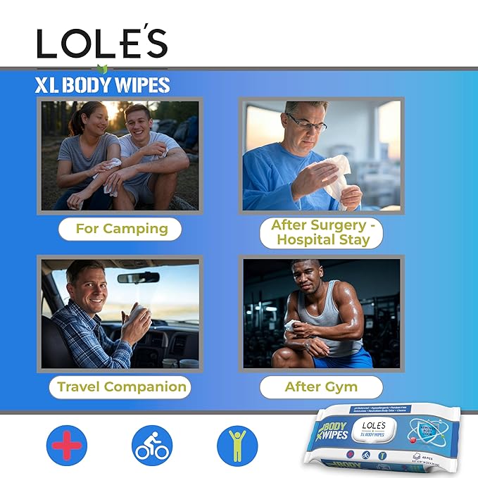 LOLE'S Body Wipes for Adults Bathing No Rinse XL – Bath Wipe for Adult, 48 Count Extra Large, – Shower Wipes – Body Wipe for Camping, Travel, Gym, Elderly Care, Women & Men – Fresh & Moisturizing