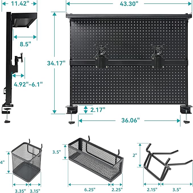 EUREKA ERGONOMIC Pegboard with Dual Monitor Stand,Steel Pegboard for Desk,Computer Accessories for Office, Privacy Panel for Gaming Desk, 4 Accessories Modular Hanging,43 x 34inch, Black