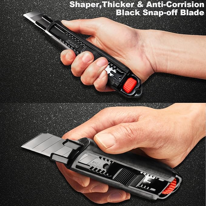 HAUTMEC 18mm Utility Knife, Heavy Duty Box Cutter with Double Lock Mechanism, SK2 Sharp Black Blade with 10pc Blade Set, Double Safety, for Industrial or Construction Applications HT0153-KN