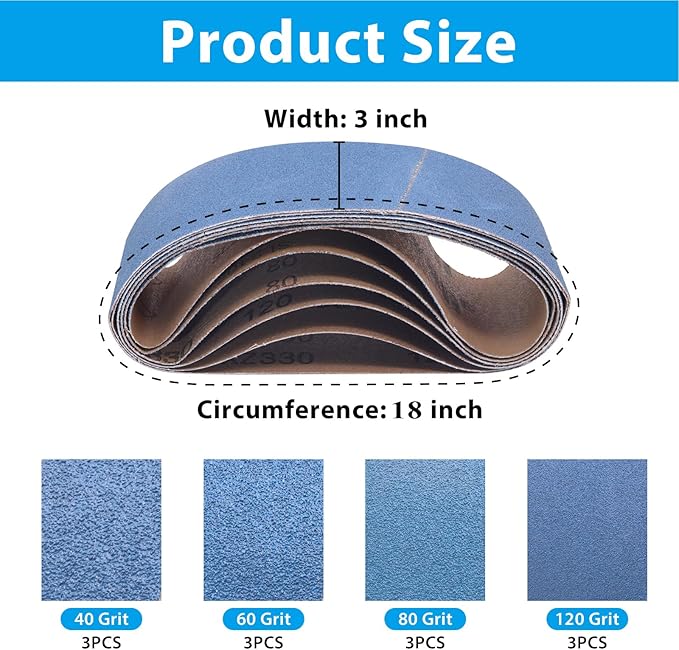 12 Pack 3 x 18 Inch Zirconia Sanding Belts, 3x18 Belt Sander Sanding Belts, 3 Each of 40/60/80/120 Grits Belt Sander Paper Assortment for Metal Wood