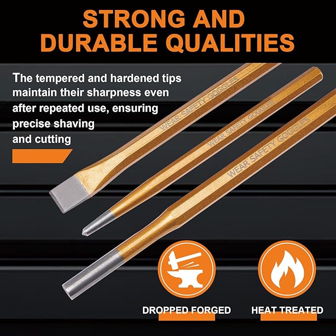 29-Piece Punch and Chisel Set with Cross Peen Hammer, Heavy Duty Punch and Chisel Set – Includes Cold Chisels, Taper Punches, Pin Punches, Center Punches & Roll-Up Pouch (29pcs)