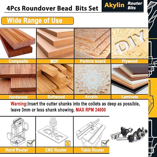 4Pcs Roundover and Beads Router Bits,Radius -1/8" ,1/4",5/16",3/8" Edge Forming Router Bit Set,1/4 Inch Shank,Corner Rounding Router Bits,Matched with 4pcs Alternative Beading Bearings