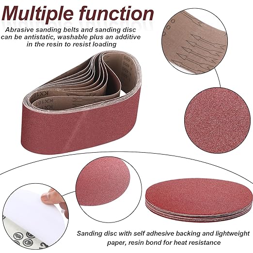 Blulu 44 Pieces Sanding Belts and Sanding Discs Set Includes 4 x 36 Inch Belts (80/120/150/240/400 Grits) and 6 Inch Self Adhesive No Hole Alumina Disc for Bench Combination Sander Woodworking