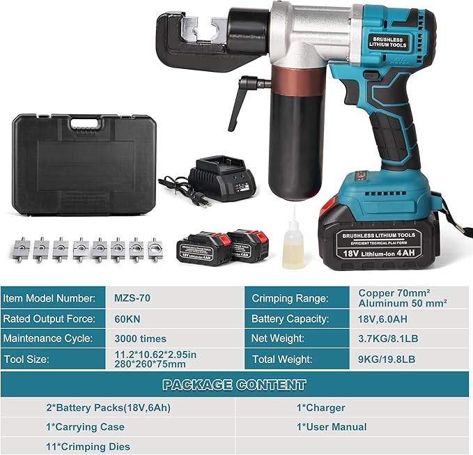 Electric Hydraulic Cable Lug Crimping Tool,12 AWG to 2/0 AWG Terminal,Cable,Wire Electric Crimper Tool Kit,Battery Crimp Tool Kits with 8 Dies