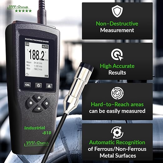 Digital Professional Coating Thickness Gauge Industrial-818 Paint Meter for Fe/NFe with Measuring Range: 0-197 mils | Resolution 0,001 mils | PC Connection