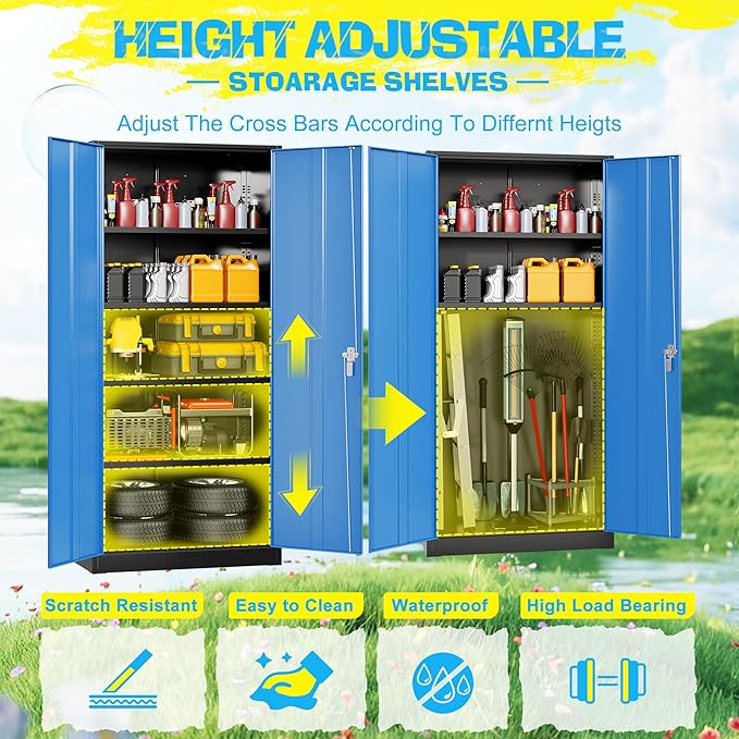 Pataku Metal Storage Cabinet, 71" Garage Cabinet with Doors and Shelves Lockable Steel Multifunctional Cabinets, File Cabinets for Home, Office, Garage, Warehouse(Dark Blue)