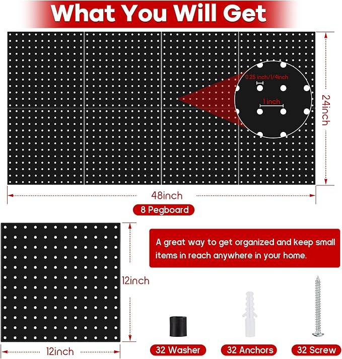 4 Pack Black Metal Pegboard Panels, Heavy Duty Steel Peg Boards Wall Organizer with Screw, Anchors and Washer Accessories for Garage, Tool Storage, Office Organization, Craft Room, Kitchen