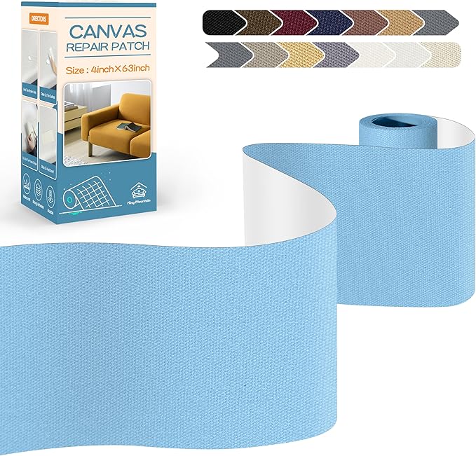 KING MOUNTAIN Canvas Repair Tape,Outdoor Gear Patch, 4×63 Inches,Waterproof,Self-Adhesive for Repairing Boat Covers,Sun Shades,Sofas,Tents,Lounge Chairs,Awnings (Blue)