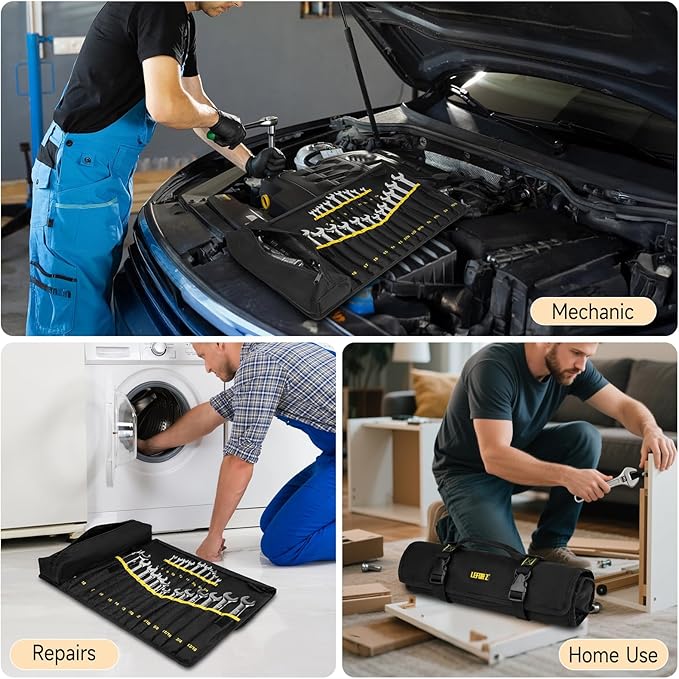 Wrench Roll Organizer (NOT for Ratcheting Wrench),Wrench Roll Up Pouch with 23+1 Pockets,Heavy Duty Tool Roll for Metric & SAE Wrenches,Large Wrench Holder Organizer Bag for Men,Mechanics(Black)