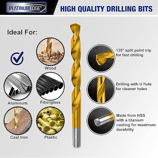 276pc Titanium Twist Drill Bit Set with S2 Bits 135° Tip High Speed Steel, Size from 1/16" up to 1/2", Ideal in Wood Cast Iron Aluminum Alloy Plastic Fiberglass, Clear Lid Case