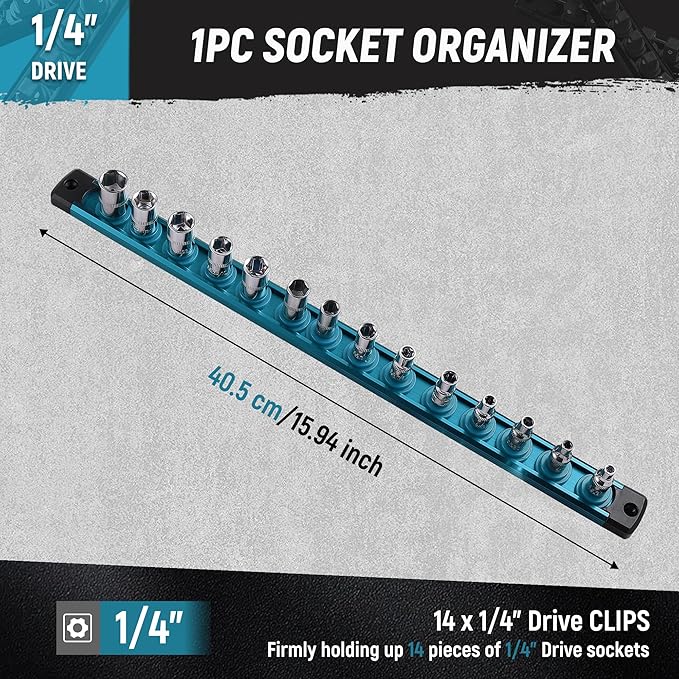 ALOANES Magnetic Socket Organizer, 1/4-Inch Drive Aluminum Socket Holder Socket Tray, Heavy Duty Socket Rail Organizer for Tool Box Drawer, 360°Swivel Clips Socket Rack 1/4-Inch x 14 Clips (Aqua Blue)