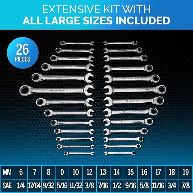 TOOLGUARDS Ratcheting Wrench Set 26pcs - Metric and Standard - With Rack Organizer - Wrenches - Combination Ratchet Wrench Set - 100% Lifetime Satisfaction Guarantee