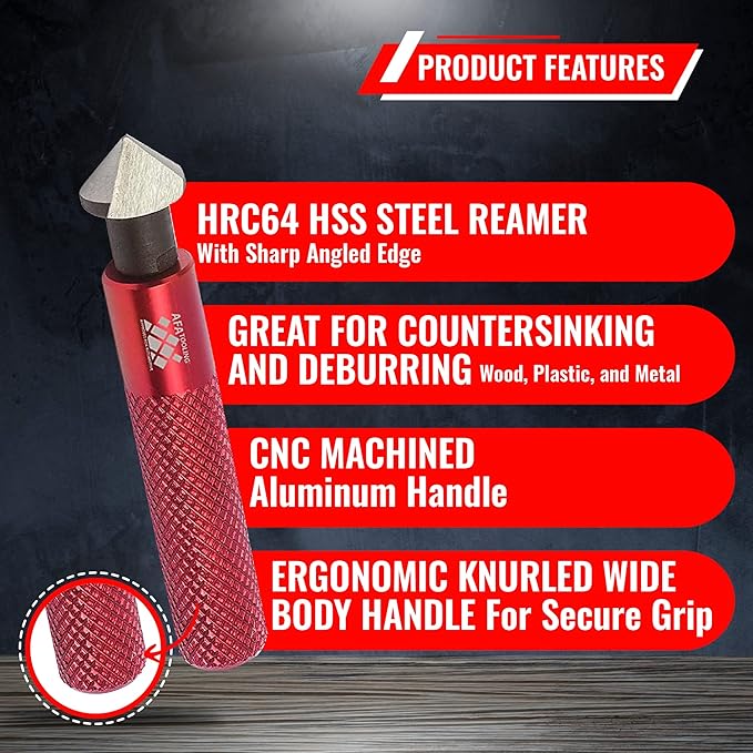 AFA Tooling - Countersink Deburring Hand Reamer with Hard HRC64 HSS Steel Head - Deburring Tool Works on Metal, Copper, PVC, Pipes & More - Machinist Tool with Steel Ergonomic Knerled Handle