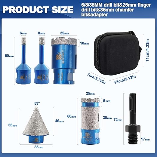 Tile Hole Saw Kit - BRSCHNITT Diamond Core Drill Bit Set 1/4",5/16",1-3/8"Drill Bit &1" Diamond Finger Milling Bit &1 3/8" Chamfer Bit for Porcelain Tile Ceramic Marble Granite & Adapter