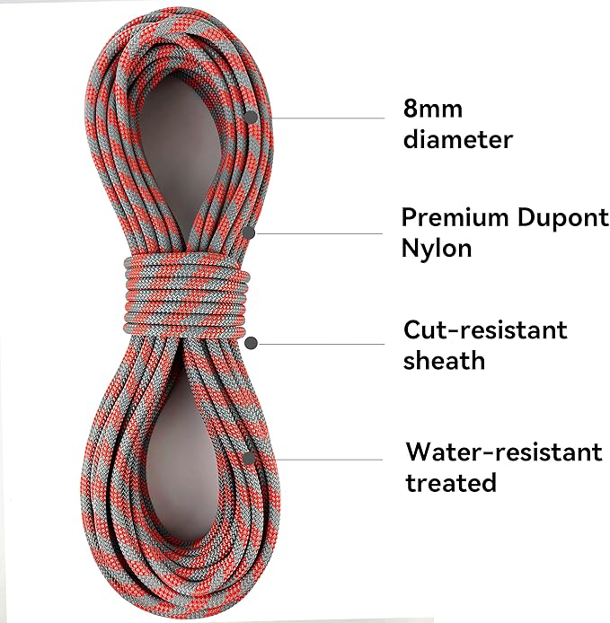SEAMUS 8mm Prusik Accessory Cord 30M (100ft) UIAA Rock Climbing Rope 16Kn High Tensile Strength Rock Climbing Accessories Cord Double Braid Nylon Cord for Mountain Tree Climbing,Fire Rescue