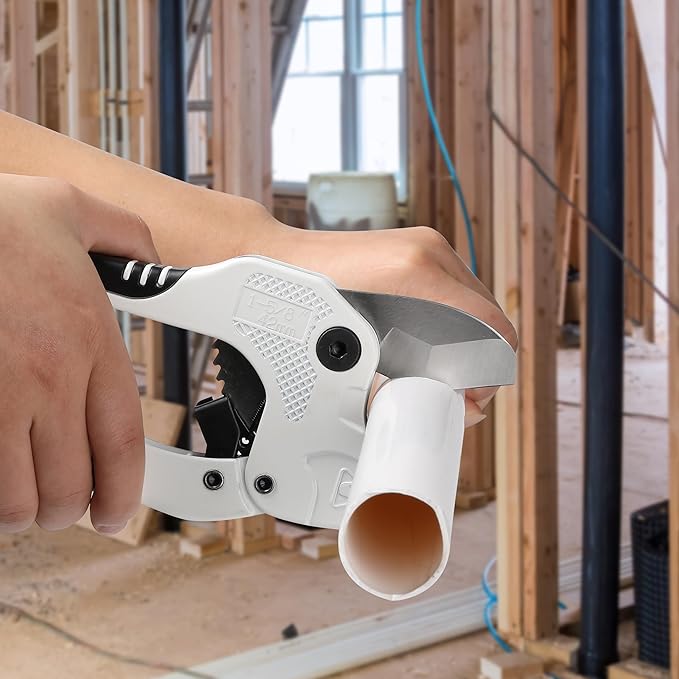 Bates- PVC Pipe Cutter, Cuts up to 1-5/8", Ivory Ratcheting PVC Pipe Cutter Tool, Pipe Cutters PVC Pipe Shears, Plastic Pipe Cutter, PEX Pipe Cutter, PVC Cutter Tool, PVC Ratchet Cutter