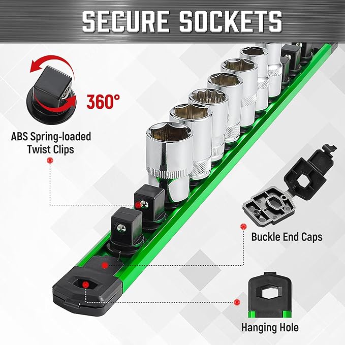 ALOANES 3-Piece Magnetic Socket Organizer, Heavy Duty Aluminum Socket Rails Organizer, 360° Swivel Clips Socket Holder Kit for Tool Box, 3/8-Inch Socket Holder x 42 Clips (Green)