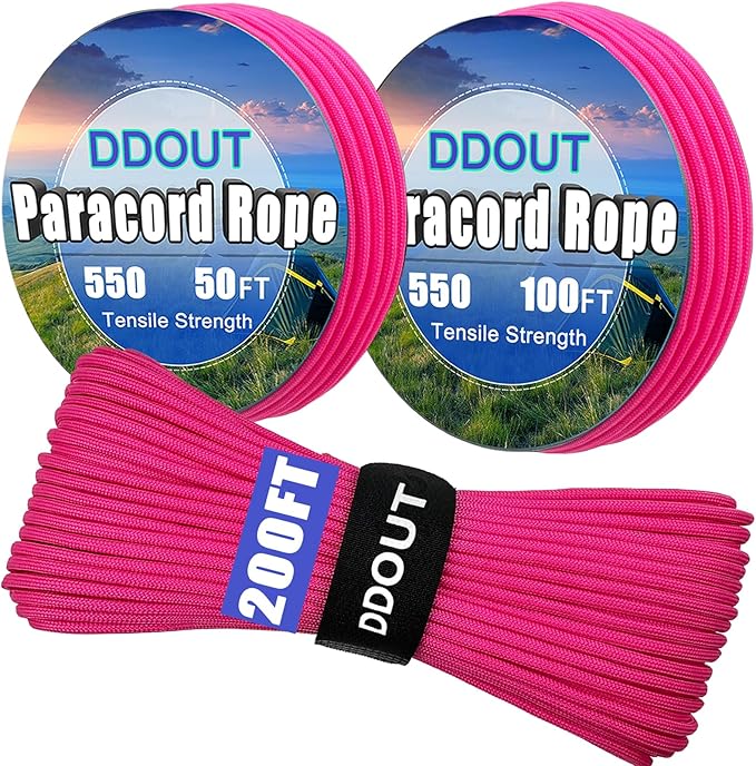 Paracord Nylon Rope Pink 100ft with 7-Strand Core, 10 Colors and 50/100/200 ft, Type III Parachute Cord 4mm for Camping, Survival, Hiking, DIY, Crafting, Outdoor Utility Rope