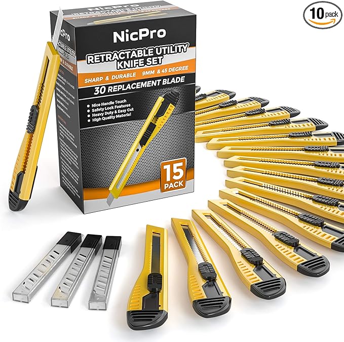 Nicpro 15 PCS Utility Knife Box Cutters Retractable Razor Knife 9mm with 30 PCS Extra Snap Off Blades for Lightweight Office, Home, Arts Crafts, Hobby