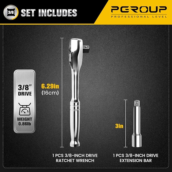 3/8-Inch Drive Ratchet Wrench, 90-Tooth Quick-release Reversible Ratchet Wrench with an Extension Bar(3 inch), 6" Long Socket wrench, 4-Degree Swing, Full Polished,Cr-Mo Head For Gifting,Repairing