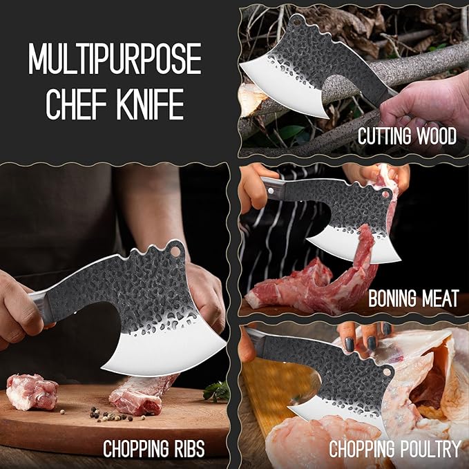 ROCOCO Meat Bone Cleaver Knife for Meat Cutting Handmade Heavy Duty Butcher Axes Hand Forged Full Tang Chopper for Kitchen Outdoor BBQ Chirstmas Mother Father Gifts Idea Men Black