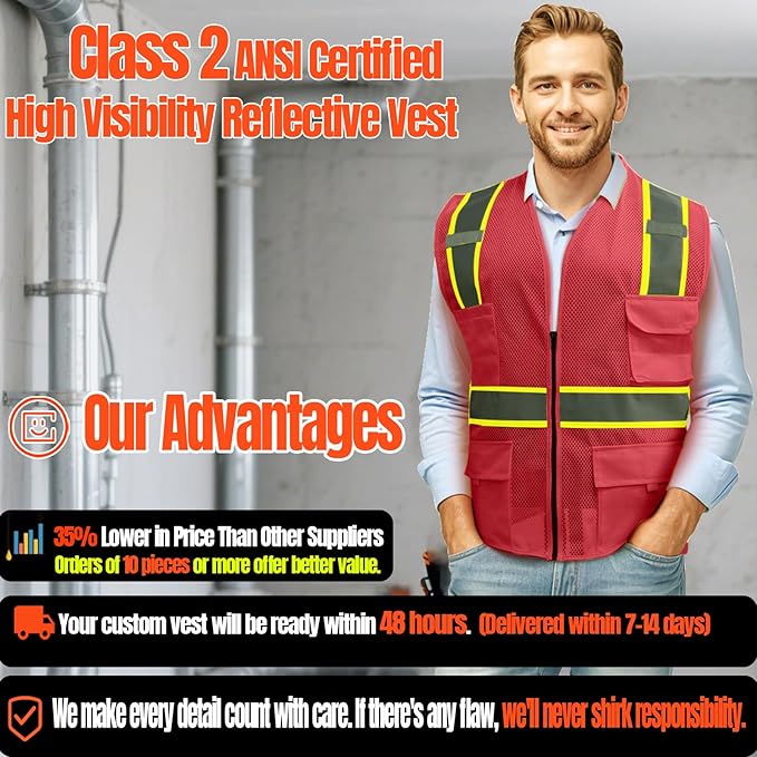 BeautyWill Custom Safety Vest Customized Logo Class 2 High Visibility Reflective Vest with Pockets Construction workwear
