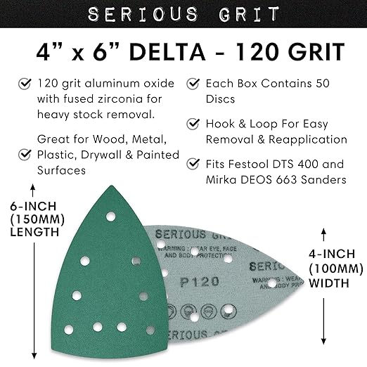 120 Grit 4" x 6" Delta (100mm x 150mm) Triangle Sanding Sheets - Fits Festool DTS 400 & Mirka DEOS Delta Sanders - Heavy-Duty Hook & Loop Film Sandpaper for Detail Sanders - 50 Pack Box