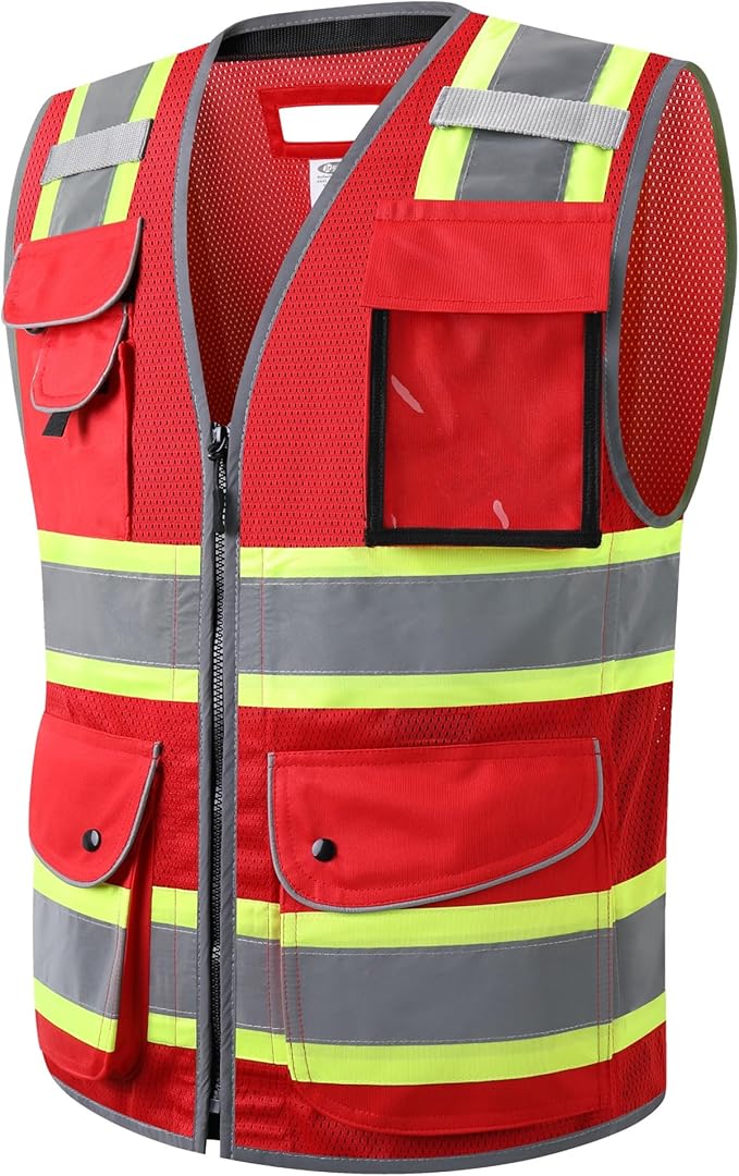 JKSafety 11 Pockets Hi-Vis Black Mesh Safety Vest for Men Women High Visibility Reflective Construction with Zipper Work Utility PPE Work Gear ANSI/ISEA compliant (102-Red XXL)