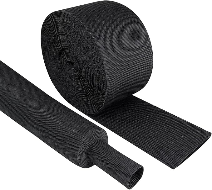 Black 2:1 Ratio Automotive Heat Shrink Braided Sleeving,Wear-Resistant Flat Woven Shrinkable Sleeve Fabric Car Cable Wires Hoses Protection (2''-8ft)