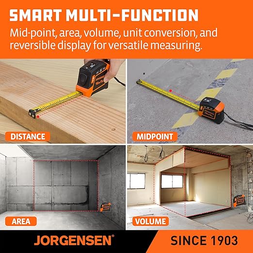 JORGENSEN Digital Tape Measure, 2-in-1 16Ft Rechargeable Digital Measuring Tape Ft/Ft+in/in/M/CM/MM Unit, Metric & Inches Tape Measurement Tool for Pythagorean, Area, Volume
