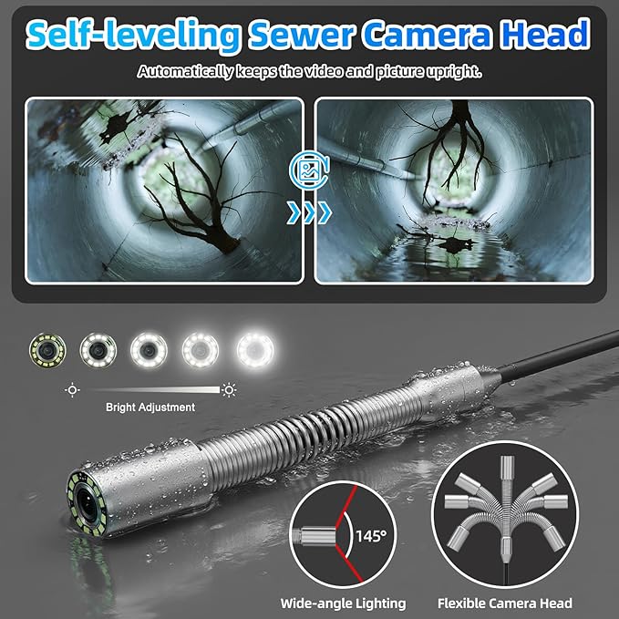 Sanyipace Sewer Camera 165FT/50M with 512Hz Transmitter, Self-Leveling, Distance Counter, Plumbing Inspection Cámara with Microphone Speaker Audio Video Record, 32GB TF Card, Pipe Pulley (7mm Cable)