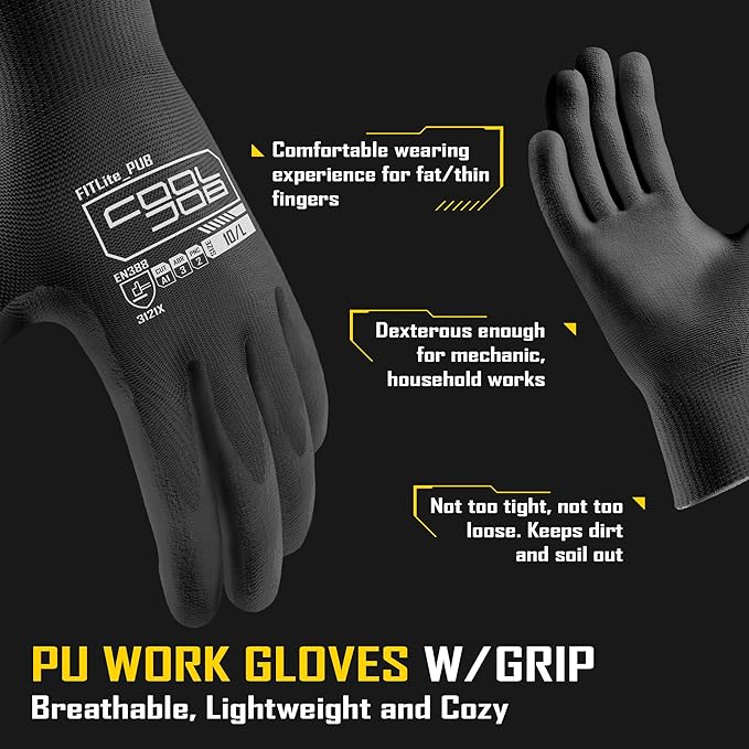 COOLJOB 60 Pairs Safety Work Gloves Pack Bulk with Grip PU Coating, 13 Gauge Seamless Knit Gloves with Polyurethane Dipped for Warehouse Working, Breathable Lightweight for Men Women, Black Medium