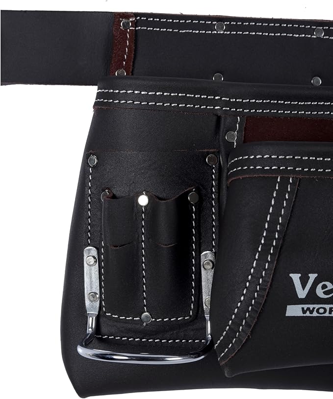 VEEKAY Leather Tool Belt Brown 2-Inch wide belt with 12 Pockets Oil Tanned, Tool Pouch/Bag for 32 to 46 Inch Waist – Ideal for Construction, Carpenters, and Framers