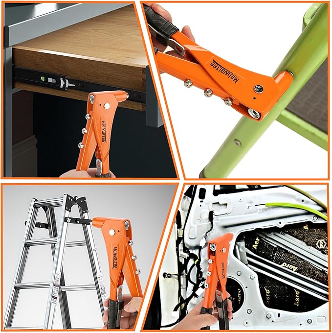 Meiwaltee Rivet Gun with 200PCS Rivets and 4 Drill Bits, Professional Aluminum Alloy Riveter, Heavy Duty Pop Manual Riveting Tool with 4 Interchangeable Heads for Metal, Wood and Plastic