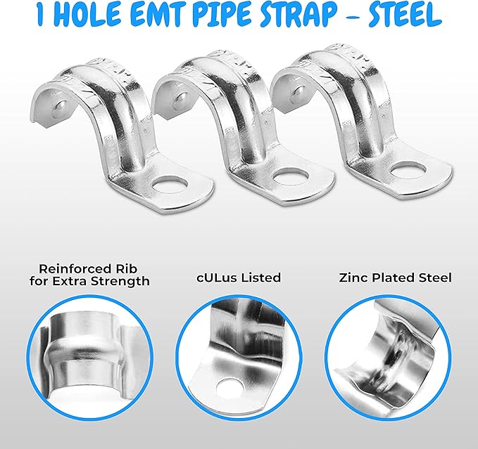 OHLECTRIC Heavy Duty Pipe Strap (10 Pack - 2 Inch) Zinc-Plated Steel EMT Conduit Clamps - 1 Hole Reinforced Rib Design - Snap-On Installation - Metal Pipe Strap for EMT Conduits