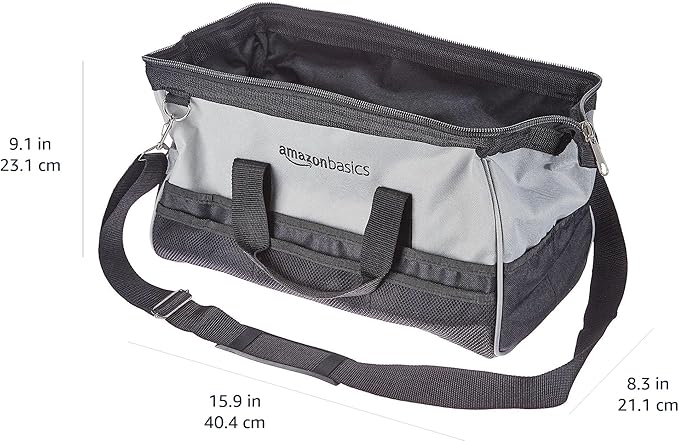 Amazon Basics Durable Wear-Resistant Base, Tool Large Standard Bag with Strap, 16 Inch, Black & Grey