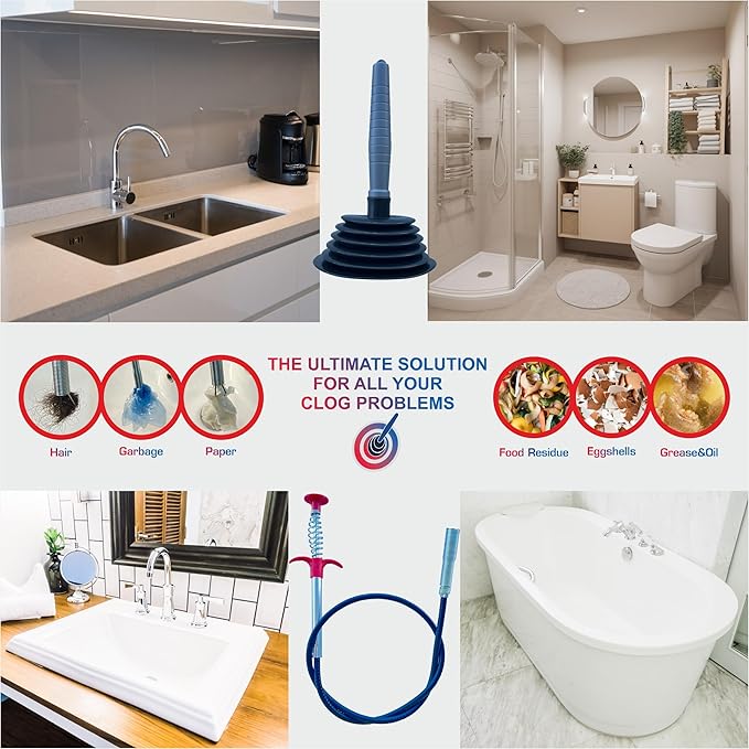 Sink and Toilet Plunger & Hair Clog Remover 34 inch 2 in 1 Kit - Drain Snake and Plunger for Sinks, Kitchens, Toilets, Bathrooms and Showers