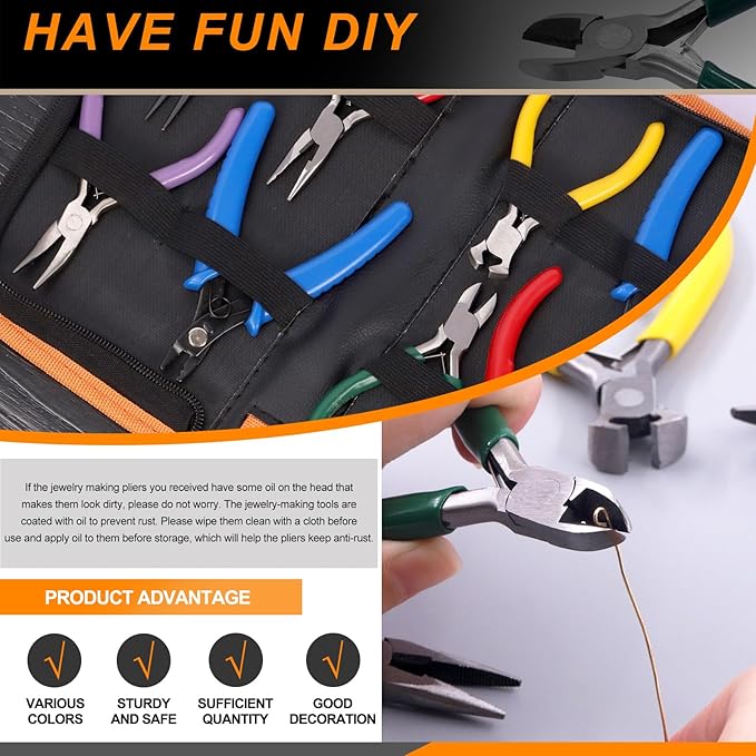 Jewelry Pliers Set - 9 Pcs, Long Nose, Round Nose, Diagonal Wire Cutter, End Cutting, Bail Making, Bead Crimping, Split Ring Plier