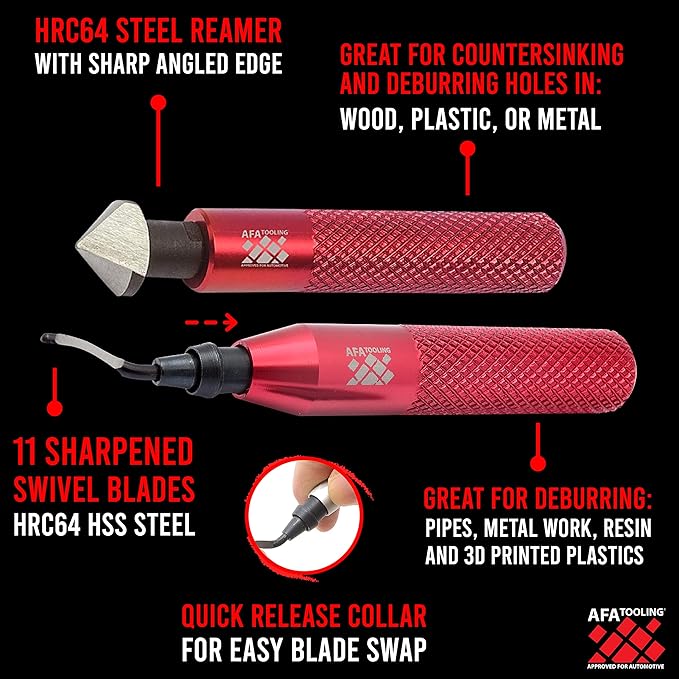 AFA Tooling - Deburring Tool & Countersink Hand Reamer with 10 Extra Blades - Works on Metal, Resin, PVC Pipes, Copper, Plastic and 3D Printed Edges - Plumbing & 3D Printing Burr Removal Reamer Tool