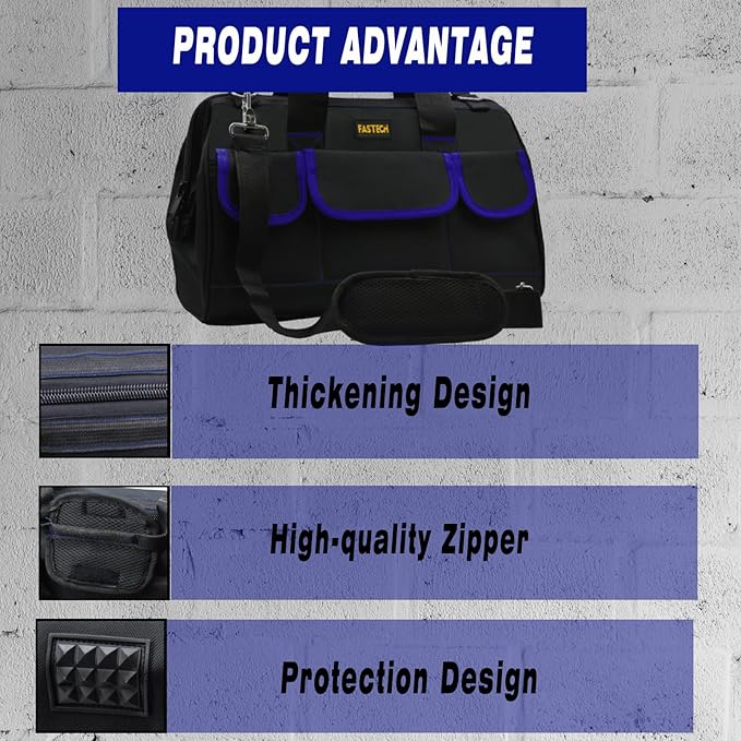 22 Inch Tools Bag, Waterproof Wide Mouth Tool Kit, Tools Big Bag, Heavy Duty Tool Tote Organizer With Adjustable Shoulder Strap For Men/Women (22IN Blue)