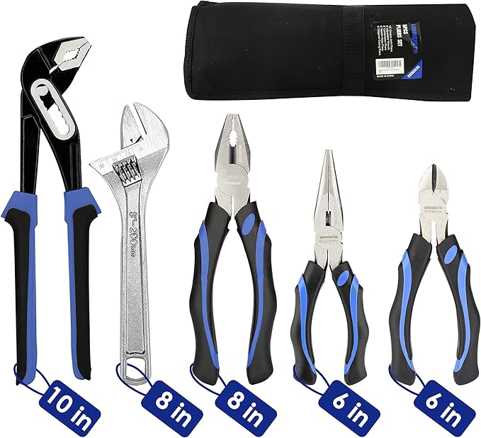 5-piece Pliers Set Home Maintenance Tool Kit for Men, Including Groove Joint, Long Nose, Diagonal Cutting, Adjustable Wrench and Linesman Pliers, with Storage Pouch
