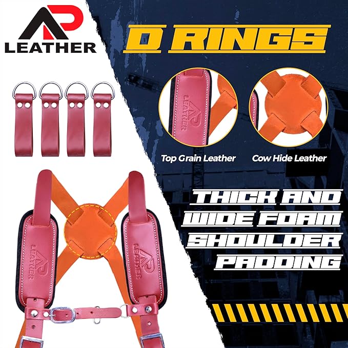 Tool Belt Suspenders – Heavy-Duty Adjustable Work Suspenders with 4 Detachable D-Loop for Construction Tool Belt (Maroon)