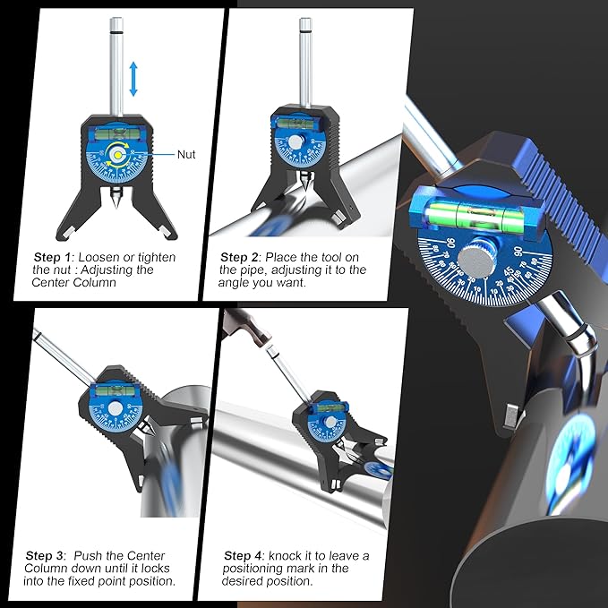 Pipe Center Finder, Pipe Marking Center Tool, Locate and Mark the Center of Pipes 0.8 Inches and Above, Y-shaped Base has Magnetic Design, Adjustable Dial Bubble Protractor without Tools